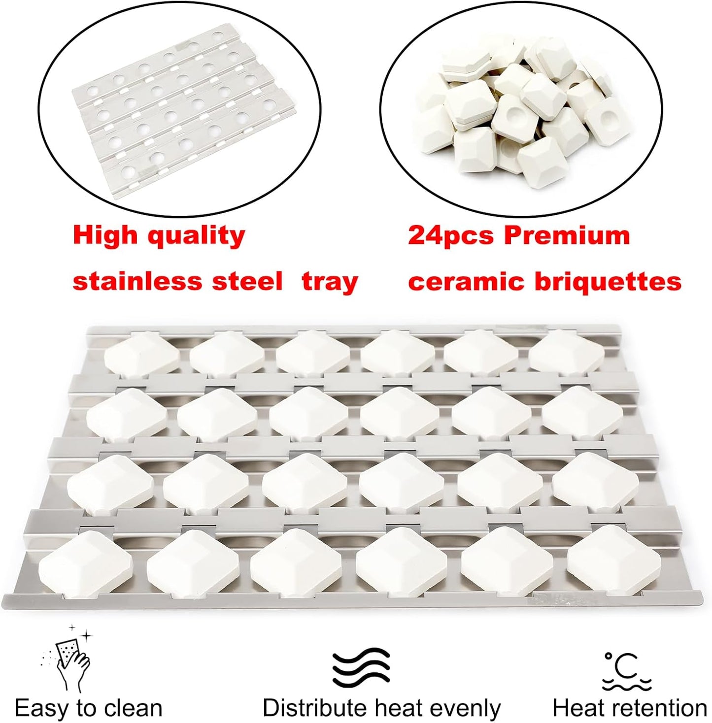 Briquette Tray Assembly for Alfresco ALX2 Gas Grill Fits ALX2-30 ALX2-42 ALX2-56 Series Replacement Parts for Alfresco Stainless Steel Heat Plate Flame Tamer with 24pcs Ceramic Briquettes